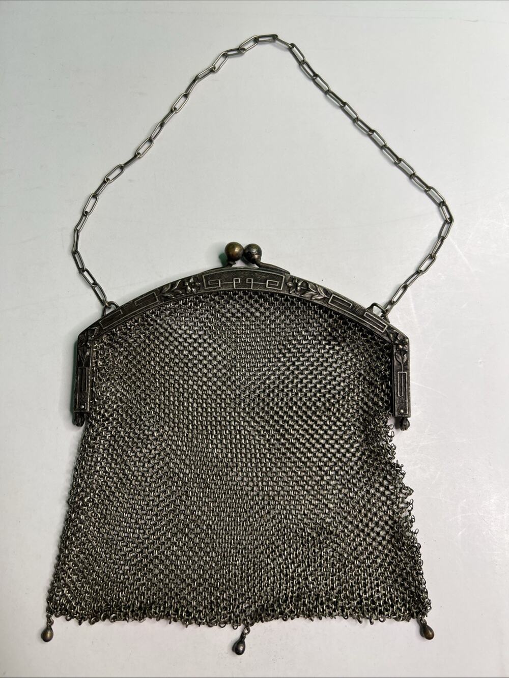 Rare Antique German Silver Chain Mesh Purse Handbag Kiss Closure Marked